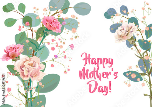 Horizontal Mother's Day card with carnation: red, pink, flowers, twigs gypsop...