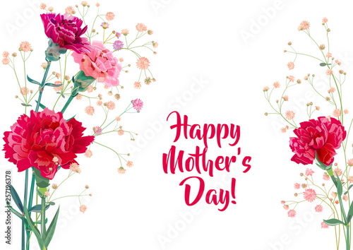 Horizontal Mother's Day, Victory Day card with carnation: red, pink, flowers,...