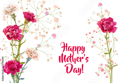 Horizontal Mother's Day, Victory Day card with carnation: red, pink, flowers,...