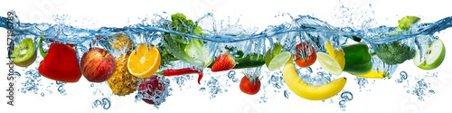 Naklejka - mata magnetyczna na lodówkę fresh multi fruits and vegetables splashing into blue clear water splash healthy food diet freshness concept isolated white background