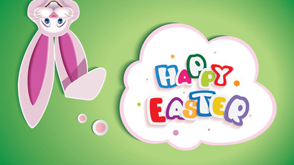 Wall Mural - Happy Easter greeting card with text in a thinking cloud and topsy-turvy Easter Bunny isolated on a green background