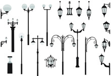 Set Of Modern And Vintage Street Lights. Silhouette Of Wall And Floor Street Lamp, Black And Gray Color, Isolated On White Background