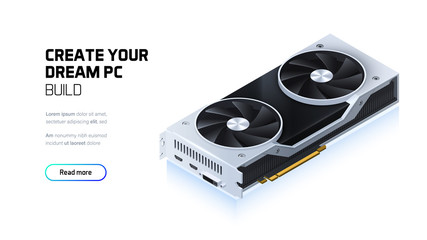 Graphic card 3d realistic isometric illustration, personal computer hardware components, custom gaming and workstation accessories, pc store and service