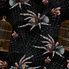 Wall Mural - Embroidery spider, gold cage and bumblebee seamless pattern. Classical gothic art. Medieval halloween background. Clothes template and t-shirt design