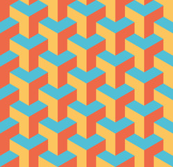Seamless 3D geometrical pattern of overlapping cubes. Abstract design vector background in three colors