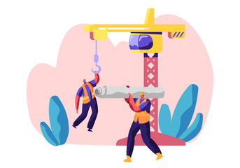Poster - Professional Builder in Uniform in Process Construction. Worker in Hardhat Keep Crane. Service Urban Building. Workman Carry Material for Build Work. Flat Cartoon Vector Illustration