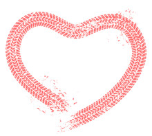 Tire Tracks Heart. Motorist Love, Hearts Tire Track And Motor Car Enthusiast Valentines Card Grunge Vector Illustration
