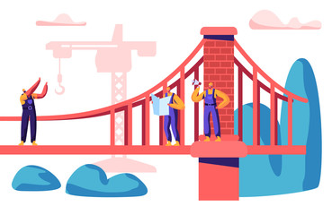 Poster - Builder and Engineer Build Bridge with Construction Crane. Group of Employee Building Gate with Brick. Worker Project Architecture with Construction Machinery Flat Cartoon Vector Illustration