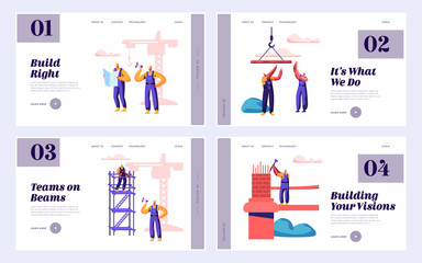 Poster - Builder Team Engineering Bridge with Construction Crane Set Landing Page. Architect with Hammer Build Gate. Worker Standing Ladder Building Object Website or Web Page. Flat Cartoon Vector Illustration