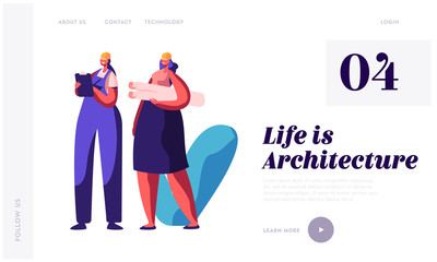 Poster - Architect and Builder Working on Project Construction Landing Page. Woman Engineer Projecting Building Plan. Engineering Architecture Sketch Website or Web Page. Flat Cartoon Vector Illustration