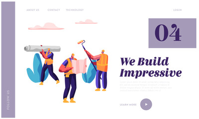Poster - Professional Man Builder in Process Construction Website Template. Workman Carry Material for Build Work. Engineer Look at Blueprints. Design for Website or Web Page Flat Cartoon Vector Illustration