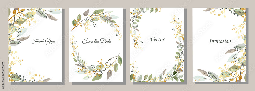 Set of cards with gold and leaves. Decorative invitation to the holiday. Wedding, birthday. Universal card. Template for text.  Vector illustration. - obrazy, fototapety, plakaty 