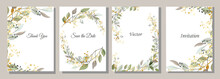 Set Of Cards With Gold And Leaves. Decorative Invitation To The Holiday. Wedding, Birthday. Universal Card. Template For Text.  Vector Illustration.