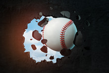 3d Rendering Of A Baseball Punching A Hole In Black Wall With Blue Sky Peeking Through.
