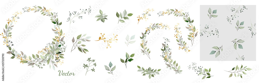 Set. Arrangement of decorative leaves and gold elements. Collection: leaves, twigs, herbs, leaf compositions, gold, wreath. Vector design. - obrazy, fototapety, plakaty 