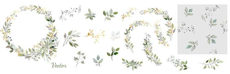 set. arrangement of decorative leaves and gold elements. collection: leaves, twigs, herbs, leaf comp