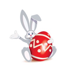 Wall Mural - Cute gray Easter Bunny with red colored egg decorated with ornaments isolated on a white background