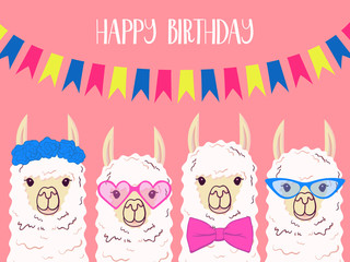 Cute llama, alpaca for poster, greeting, birthday card and party decor. Vector illustration