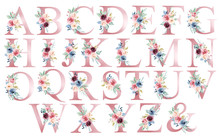 Floral Alphabet, Letters Set With Watercolor Flowers And Leaf. Monogram Initials Perfectly For Wedding Invitations, Greeting Card, Logo, Poster And Other Design. Hand Painting. 