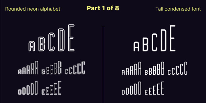 Condensed White neon font, Rounded. Vector set