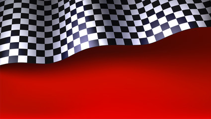 Waving checkered racing flag on red background. Flag for car or motorsport rally. Three dimensional vector illustration for races, competitions, lotto, bookmakers office, promotion of rates.