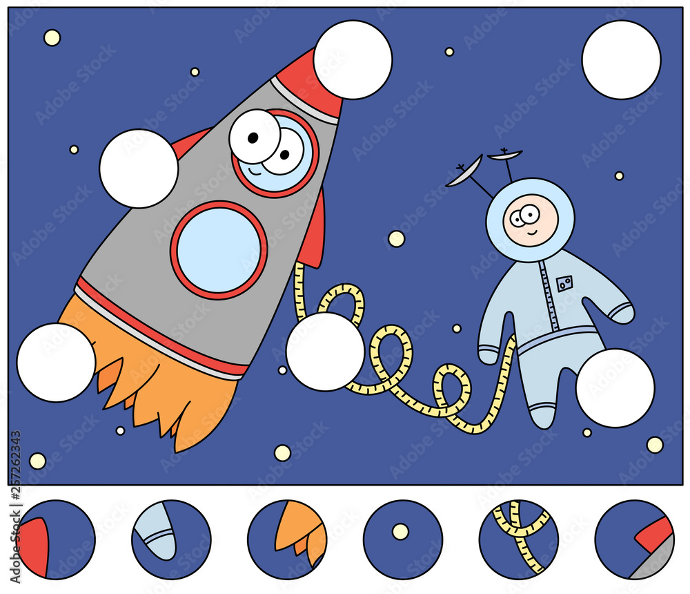 Cartoon spaceman and rocket in the open space. Complete the puzzle and ...