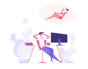 Poster - Happy Businessman Relaxing at Office Workplace and Dreaming About Tropical Vacation. Male Character Sitting at Work Table with Computer Thinking about Summer Beach. Flat Vector Cartoon Illustration