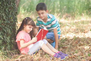 Wall Mural - Kids reading together at the park