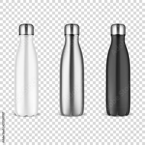 Download Vector Realistic 3d White Silver And Black Empty Glossy Metal Reusable Water Bottle With Silver Bung Set Closeup On Transparency Grid Background Design Template Of Packaging Mockup Front View Stock Vector