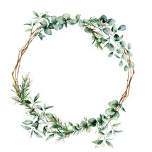 Watercolor Eucalyptus Branch Wreath. Hand Painted Eucalyptus Branch And Leaves Isolated On White Background. Floral Illustration For Design, Print, Fabric Or Background.
