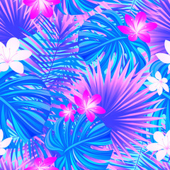 Spring floral background. Colorful tropical seamless pattern. tropic repeat texture. Exotic leaves, flowers. Vector wallpaper. Colored backdrop with jungle plants. Bright violet and purple colors.