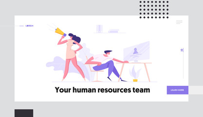 Poster - Business Success Career Hiring Employee Concept with People Characters Internet Surfing and Megaphone. Landing Page with HR Man and Woman for Website, Web Page. Flat Vector Illustration