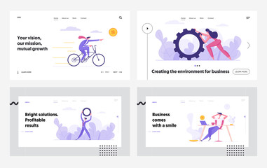 Poster - Successful Cooperation Ambitious Innovation Business Concept Landing Page Set. People Characters with Gears, Passive Income Dreams and Finance Goal for Website, Web Page. Flat Vector Illustration