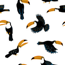 Seamless Pattern With Funny Toucan Birds.