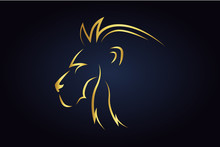 King Lion Head Silhouette Turned To The Left Side. Golden Safari Animal Head. Wildlife Vector Logo. Side View Of Leo Head