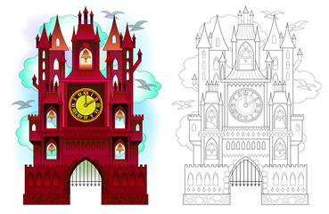 Wall Mural - Colorful and black and white pattern of medieval Swiss castle with towers, bells and clocks. Printable worksheet for coloring book for children and adults. Vector cartoon image.