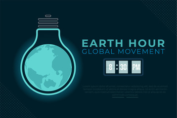 Earth hour illustration background. bulb lamp with world map earth symbolic night sleep mode. Flat design for poster, banner, wallpaper, web, mobile.