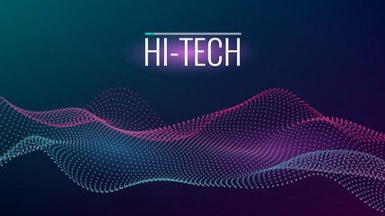 Poster - Cyber technological background. Nanotechnology. Scientific hi-tech backdrop for user interface. Wavy structure from particles. Big data, artificial intelligence, music hud. Blockchain and cryptocurren