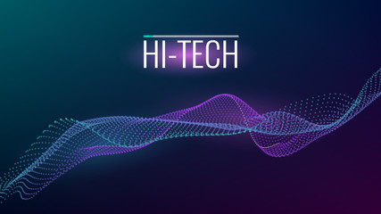 Poster - Cyber technological background. Nanotechnology. Scientific hi-tech backdrop for user interface. Wavy structure from particles. Big data, artificial intelligence, music hud. Blockchain and cryptocurren