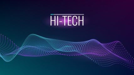 Poster - Cyber technological background. Nanotechnology. Scientific hi-tech backdrop for user interface. Wavy structure from particles. Big data, artificial intelligence, music hud. Blockchain and cryptocurren