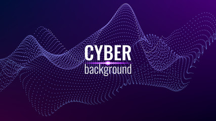 Poster - Cyber technological background. Nanotechnology. Scientific hi-tech backdrop for user interface. Wavy structure from particles. Big data, artificial intelligence, music hud. Blockchain and cryptocurren