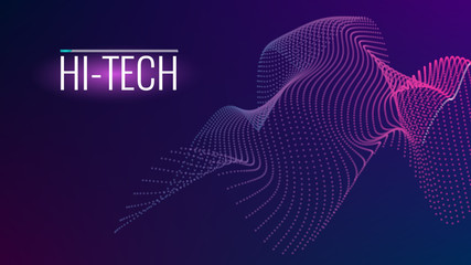 Poster - Cyber technological background. Nanotechnology. Scientific hi-tech backdrop for user interface. Wavy structure from particles. Big data, artificial intelligence, music hud. Blockchain and cryptocurren