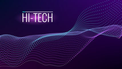 Poster - Cyber technological background. Nanotechnology. Scientific hi-tech backdrop for user interface. Wavy structure from particles. Big data, artificial intelligence, music hud. Blockchain and cryptocurren