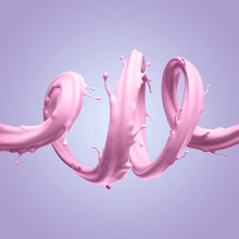 3d Render, Pink Twisted Splashing Jet Isolated On Violet Background, Liquid Splash, Abstract Shape, Pastel Color Paint