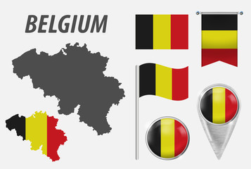 Canvas Print - Belgium. Collection of symbols in colors national flag on various objects isolated on white background. Flag, pointer, button, waving and hanging flag, detailed outline map and country inside flag.