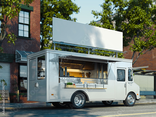 White Food Truck With Detailed Interior Takeaway Food And