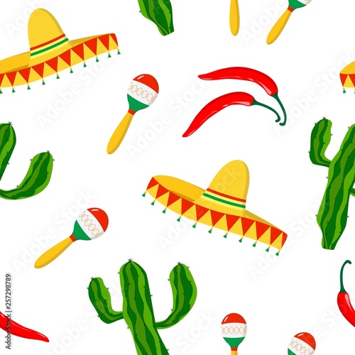 Cute Seamless Pattern With Sombrero Chilli Pepper Cactus
