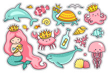 Set Of Sea Cartoon Characters. Mermaid, Narwhal, Jellyfish, Turtle And Dolphin. Octopus, Crab And Seagull. Stickers, Pins And Badges