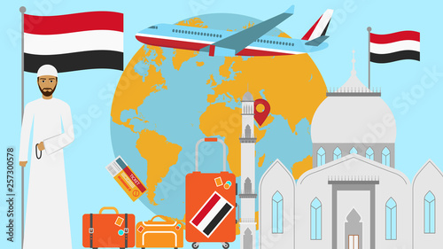 Welcome To Yemen Postcard Travel And Journey Concept Of Islamic Country Vector Illustration With National Flag Of Yemen Buy This Stock Vector And Explore Similar Vectors At Adobe Stock Adobe Stock