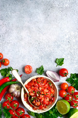 Wall Mural - Tomato salsa (salsa roja) - traditional mexican sauce  with ingredients for making on a light grey slate,stone or concrete background.Top view with copy space.